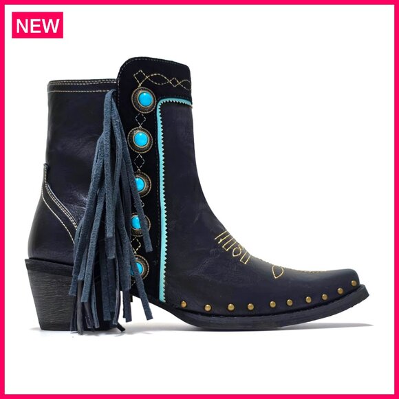 Shoes - Women's Fringe Studded Ankle Boots with Turquoise Stones, Western Style